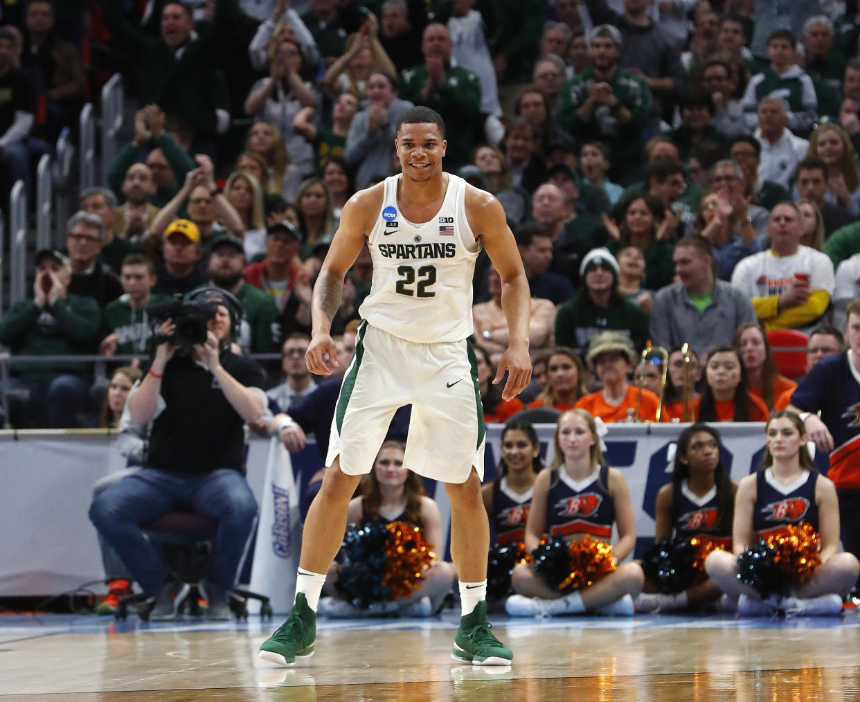 Michigan State guard Miles Bridges plays against Bucknell during the second half of an NCAA men’s college basketball tournament first-round game in Detroit, Friday, March 16, 2018. (AP Photo/Paul Sancya)