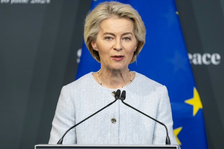 President of the European Commission Ursula von der Leyen addresses the closing press conference of the Summit on peace in Ukraine, at the luxury Burgenstock resort, near Lucerne, on June 16, 2024. Dozens of countries meeting for a landmark international summit on peace in Ukraine agreed on June 16, 2024, that Kyiv should enter dialogue with Russia on ending the war, while strongly supporting Ukraine's independence and territorial integrity. (ALESSANDRO DELLA VALLE)