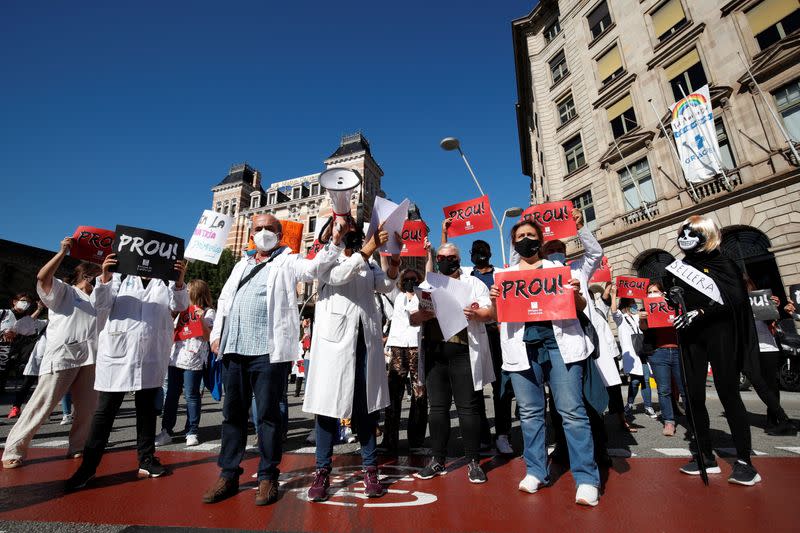 Catalan primary health doctors protest on the first day of a four-day strike in Barcelona to demand better working conditions amid the coronavirus disease (COVID-19) outbreak, in Barcelona