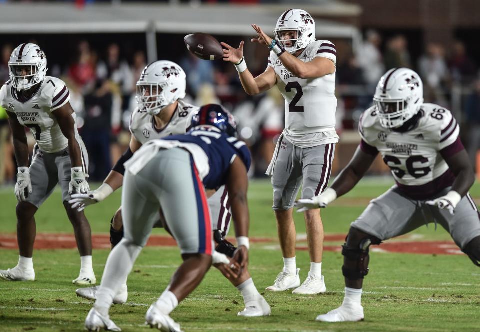 Mississippi State QB Will Rogers (2) receives a snap in the 2022 Egg Bowl at Ole Miss' Vaught-Hemingway Stadium in Oxford, Miss., Thursday, November 24, 2022.