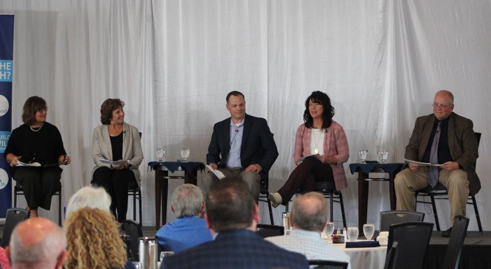 Sioux Falls School District administrators speak at a Downtown Sioux Falls Rotary meeting on Monday, Sept. 18, 2023. From left to right: superintendent Jane Stavem, assistant superintendents Teresa Boysen and Jamie Nold, human resources director Becky Dorman and business manager Todd Vik.
