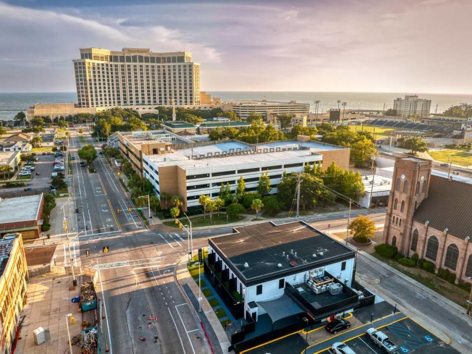 This drone shot of The Bella Downtown hotel, pictured in the front center, shows the proximity to the beach and casinos, the stadium where the Biloxi Shuckers play and the restaurants and attractions in downtown Biloxi.