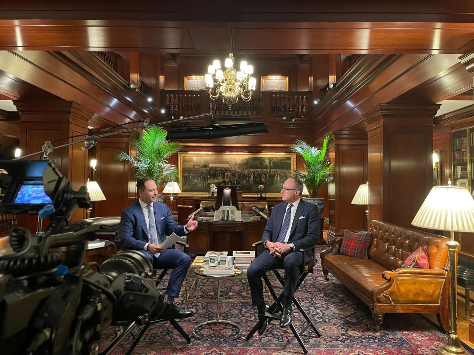 Ralph Lauren CEO Patrice Louvet (right) talks to Yahoo Finance Executive Editor Brian Sozzi (left) about the state of the consumer and the brand inside the company's New York City headquarters.