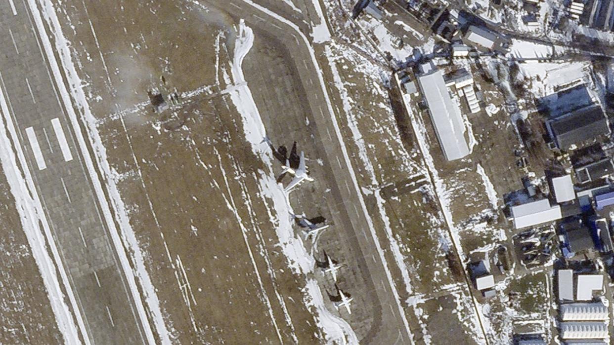 This satellite image from Planet Labs PBC shows a Beriev A-50 early warning aircraft, center, at Machulishchy Air Base near Minsk, Belarus, Feb. 19, 2023. Satellite photos analyzed by The Associated Press on Tuesday, Feb. 28, 2023, appear to show a Beriev A-50 early warning aircraft was parked at a Belarus air base just before a claimed attack by partisans there amid Moscow's war on Ukraine. The Associated Press has been unable to independently confirm the claimed attack, which both Belarus and Russia have yet to acknowledge. (Planet Labs PBC via AP)