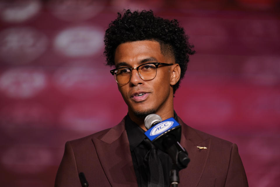 FILE - Florida State quarterback Jordan Travis speaks during the Atlantic Coast Conference NCAA college football media days Wednesday, July 26, 2023, in Charlotte, N.C. Florida State's most anticipated season in nearly a decade begins in three weeks against Southeastern Conference heavyweight LSU in Orlando.(AP Photo/Erik Verduzco, File)