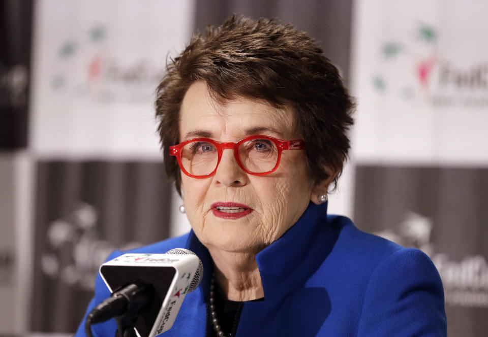 FILE - Billie Jean King speaks to the media before the first-round Fed Cup tennis matches between the United States and Australia, Feb. 9, 2019, in Asheville, N.C. King had just won the 1972 U.S. Open singles title when she demanded that the women's champion be paid the same as the men's winner the next year. That led the U.S. Open to become in 1973 the first sporting event to offer equal pay, and the 50th anniversary of that is being celebrated at this year's event. (AP Photo/Chuck Burton, File)