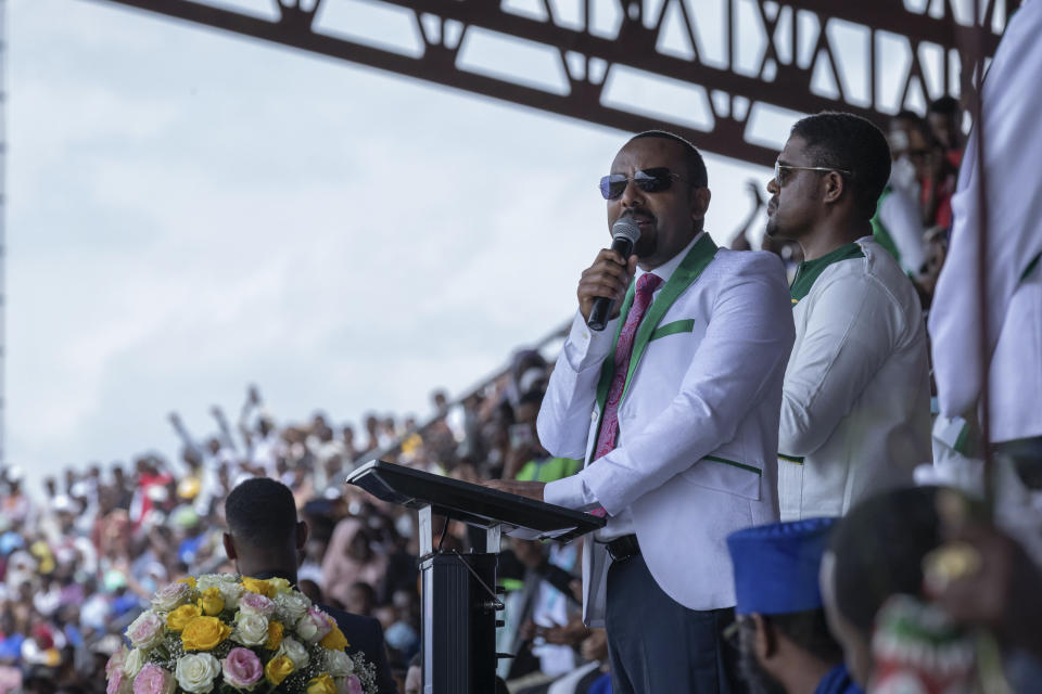 Ethiopia's Prime Minister Abiy Ahmed speaks at a final campaign rally at a stadium in the town of Jimma in the southwestern Oromia Region of Ethiopia Wednesday, June 16, 2021. The country is due to vote in a general election on Monday, June, 21, 2021. (AP Photo/Mulugeta Ayene)