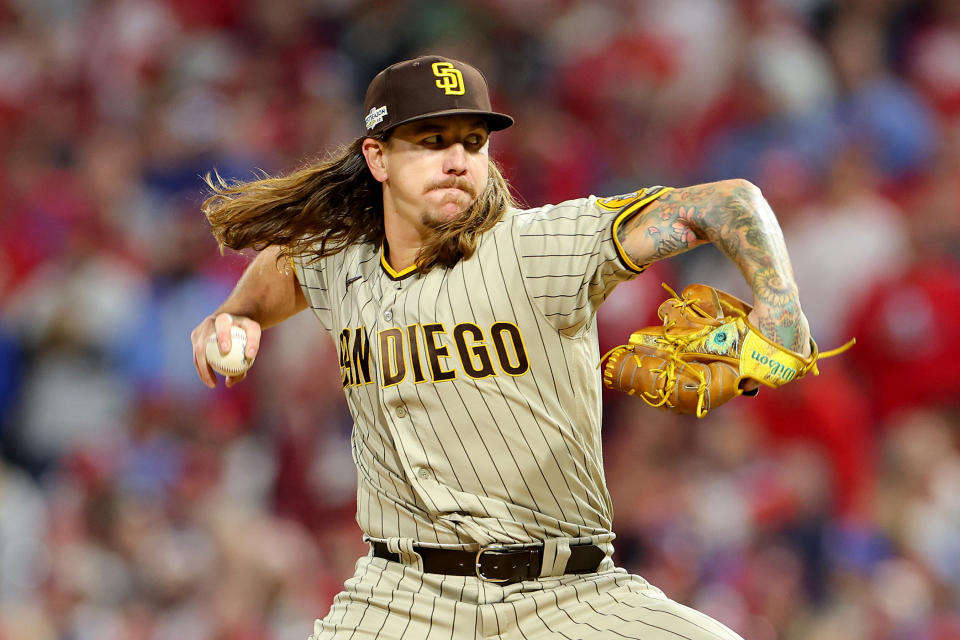 PHILADELPHIA, PENNSYLVANIA - OCTOBER 22: Mike Clevinger #52 of the San Diego Padres pitches during the first inning against the Philadelphia Phillies in game four of the National League Championship Series at Citizens Bank Park on October 22, 2022 in Philadelphia, Pennsylvania. (Photo by Michael Reaves/Getty Images)