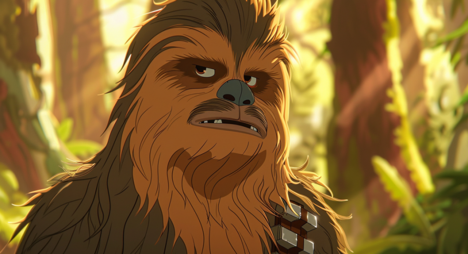 A close-up of Chewbacca from Star Wars animated in a natural setting