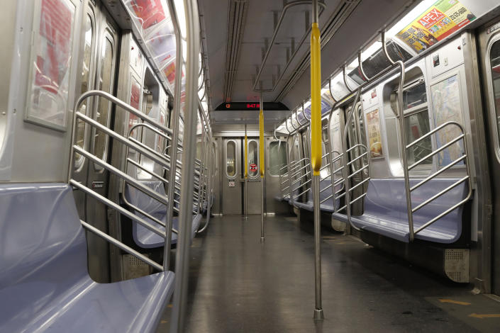 An empty subway car is seen during the morning rush, following the outbreak of Coronavirus disease (COVID-19), in New York City on March 19, 2020. (Lucas Jackson/Reuters)