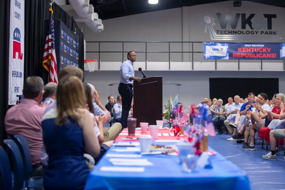 Kentucky attorney general and Republican nominee for governor Daniel Cameron speaks at the Graves County Republican Party Breakfast at WK&T Technology Park in Mayfield, Kentucky, on Saturday, Aug. 5, 2023.