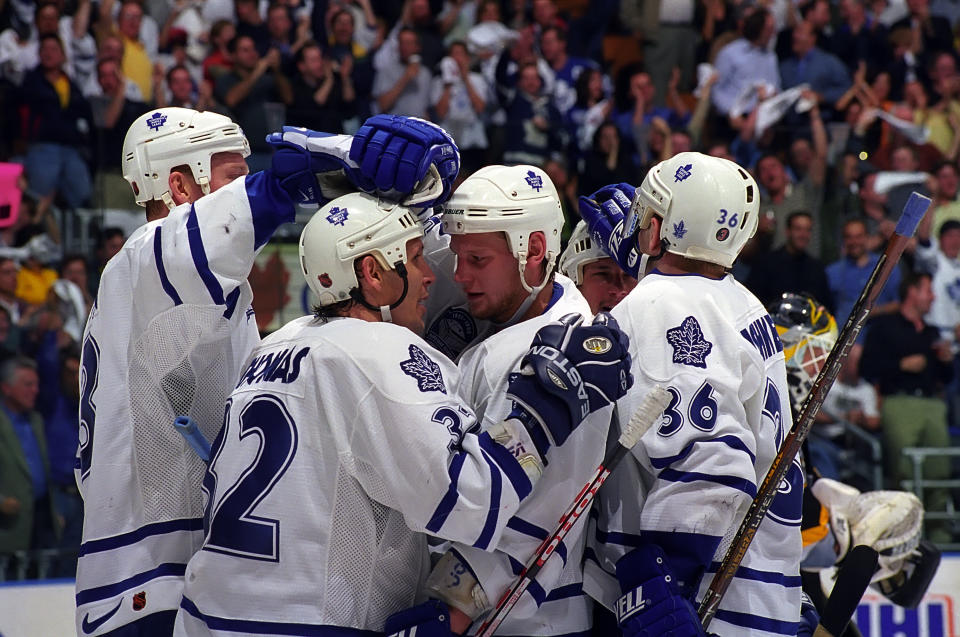 TORONTO, ON - MAY 7: Mats Sundin #13, Steve Thomas #32, Danil Markov #55 and Dmitri Yushkevich #36 of the Toronto Maple Leafs skate against the Pittsburg Penguins during the 1999 Quarter Finals of the NHL playoff game action at Air Canada Centre in Toronto, Ontario, Canada. (Photo by Graig Abel/Getty Images)