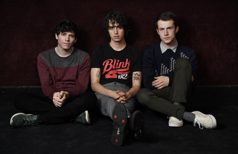 This March 20, 2019 photo shows Braeden Lemasters, left, Cole Preston, center, and Dylan Minnette of the indie rock band Wallows posing for a portrait at SIR Studios in Los Angeles. (Photo by Chris Pizzello/Invision/AP)