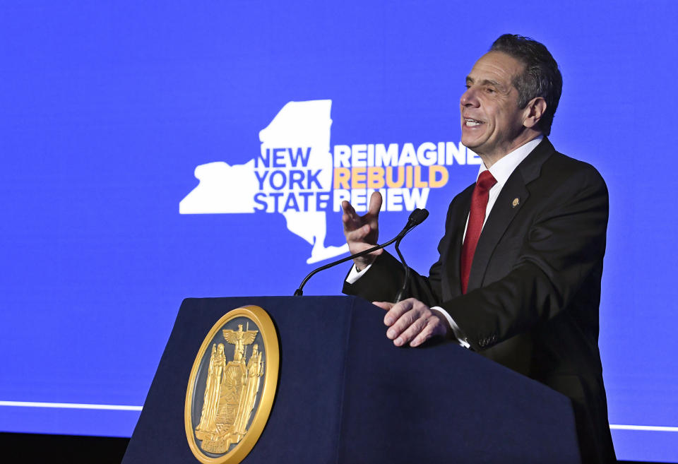 New York Gov. Andrew Cuomo delivers his State of the State address virtually from The War Room at the state Capitol, Monday, Jan. 11, 2021, in Albany, N.Y. (AP Photo/Hans Pennink, Pool)