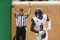 California wide receiver Taj Davis (9) celebrates after scoring a touchdown during the second half of an NCAA college football game against North Texas, Saturday, Sept. 2, 2023, in Denton, Texas. (AP Photo/Brandon Wade)