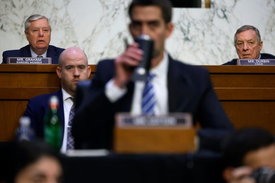 Senate Judiciary Committee ranking member Sen. Lindsey Graham (R-SC) (L) questions Attorney General Merrick Garland as Chairman Richard Durbin (D-IL) (R) listens during a hearing in the Hart Senate Office Building on Capitol Hill on March 01, 2023 in Washington, DC.