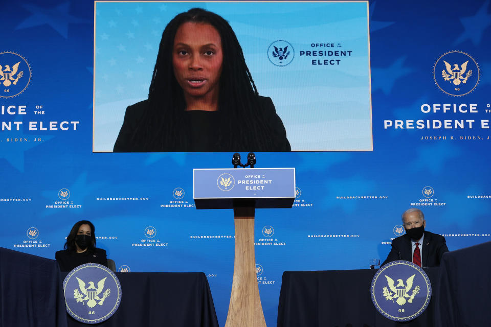 Marcella Nunez-Smith, who chairs the White House COVID-19 equity task force, speaks at a news conference during the presidential transition on Dec. 8. She has continued to make regular appearances at White House events since Joe Biden took office, and officials say the equity task force is a constant presence in meetings, guiding policy. (Photo: Chip Somodevilla via Getty Images)