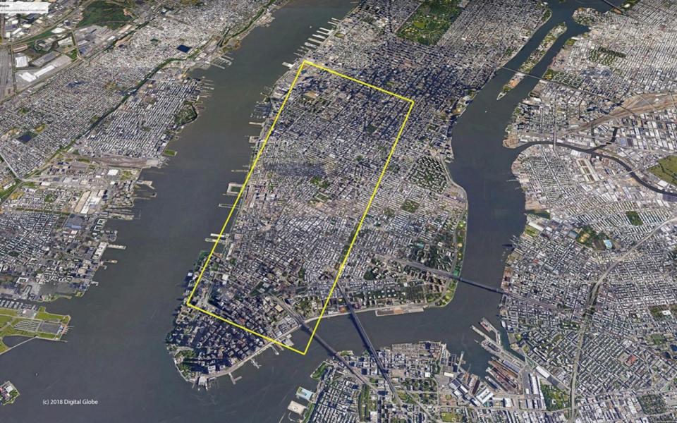 This outline approximates the size of the new Greenland iceberg, compared to the island of Manhattan in New York City. <cite>Google Earth, image courtesy of Denise Holland</cite>