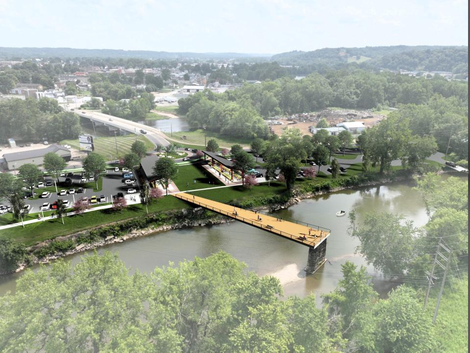 Artist rendering of further development to Skip's Landing Park on County Road 1A, including a platform extending over the river.