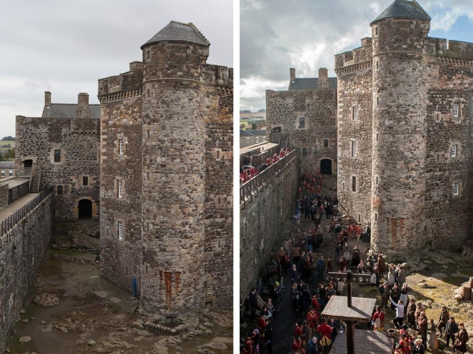 Side by side comparison of the courtyard of Blackness Castle in Scotland seen from above with the author's view on the left and a still from "Outlander" on the right.