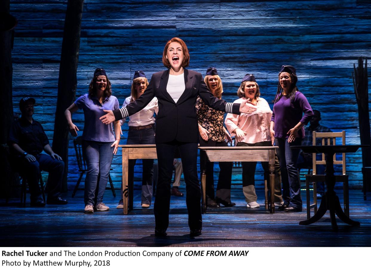 Rachel Tucker and the London company of "Come From Away" in 2018.