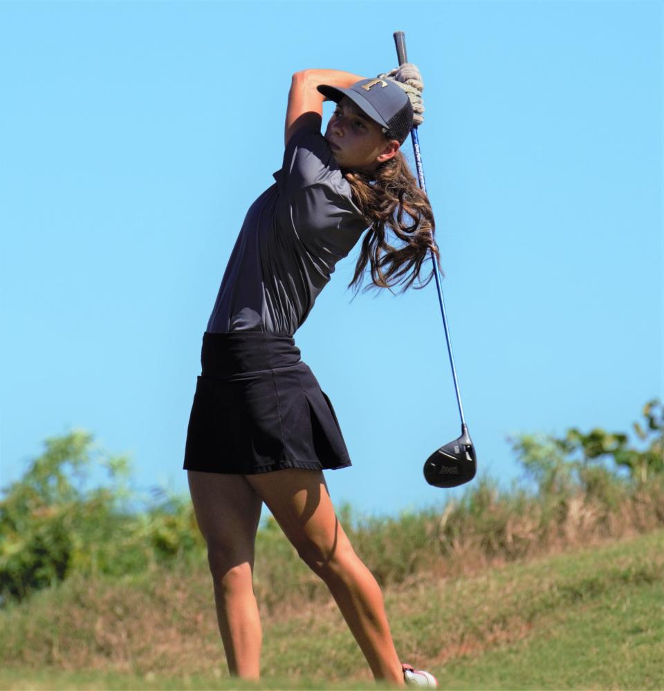 Treasure Coast's Jenna Missett hits her tee shot on the 15th hole during the girls golf District 8-3A Championship on Wednesday, October 26, 2022 on the Dunes Course at Sandridge Golf Club in Vero Beach.