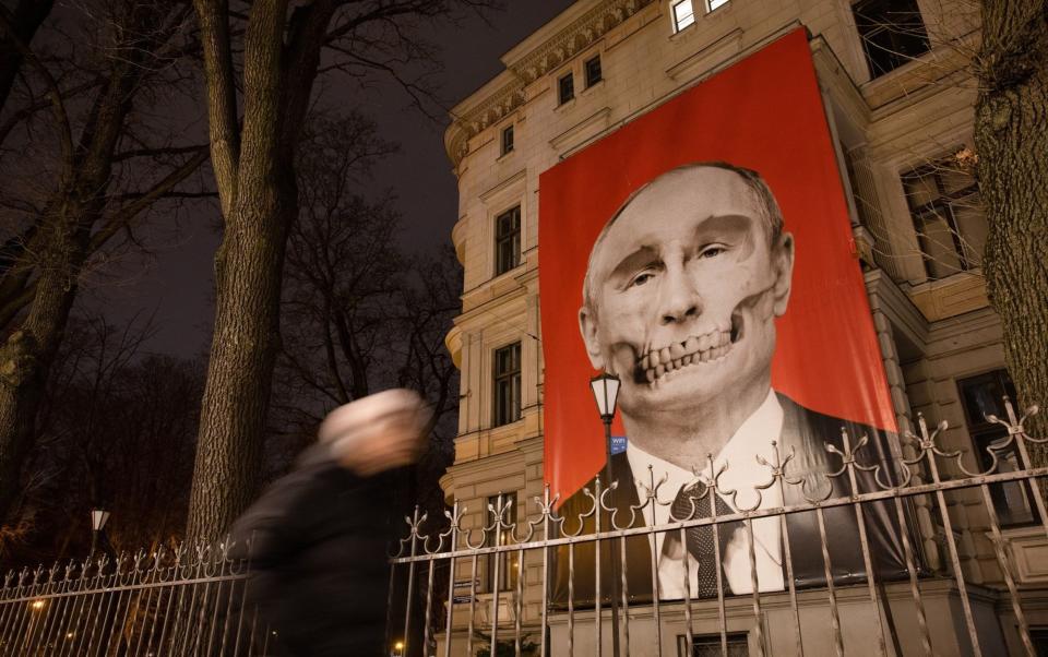 A mural opposite the Russian Embassy in Riga, pictured in February