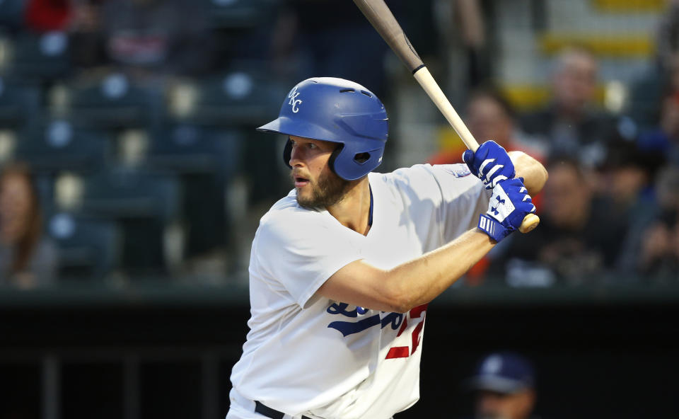 Clayton Kershaw bats in the third inning of a Triple-A Oklahoma City Dodgers game against the San Antonio Missions Thursday, April 4, 2019, in Oklahoma City. Kershaw is pitching in a rehab assignment for Triple-A affiliate Oklahoma City. (AP Photo/Sue Ogrocki)