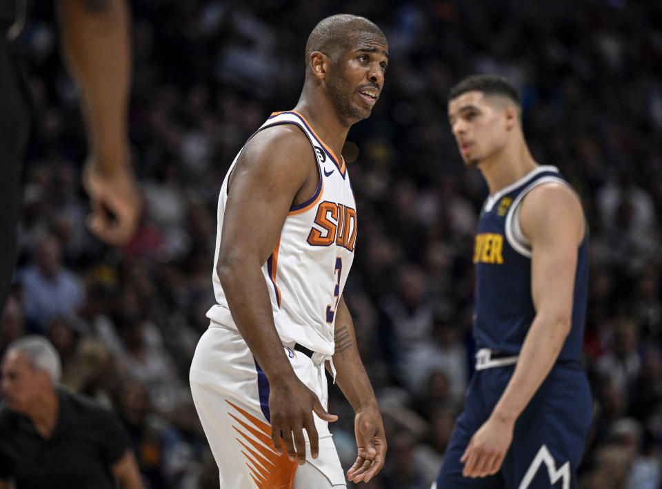 DENVER, CO - MAY 1: Chris Paul (3) of the Phoenix Suns shows signs of frustration during the third quarter agains the Denver Nuggets at Ball Arena in Denver on Monday, May 1, 2023. (Photo by AAron Ontiveroz/MediaNews Group/The Denver Post via Getty Images)