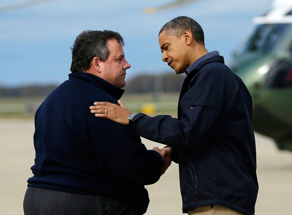 <p>President Barack Obama is greeted by New Jersey Gov. Chris Christie upon his arrival at Atlantic City International Airport, Wednesday, Oct. 31, 2012, in Atlantic City, NJ. Obama traveled to the region to take an aerial tour of the Atlantic Coast in New Jersey in areas damaged by superstorm Sandy, (AP Photo/Pablo Martinez Monsivais) </p>