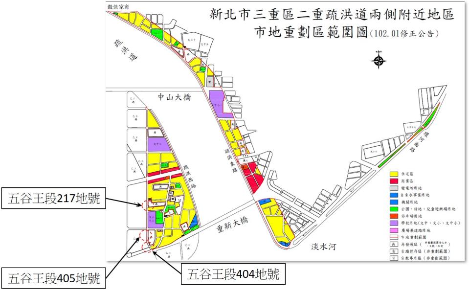 二重疏洪道兩側附近地區市地重劃區五谷王段，有3筆住宅區土地要進行標售。（新北市地政局提供）