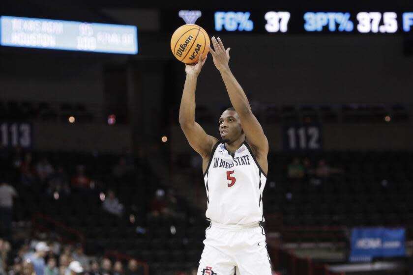 San Diego State guard Lamont Butler shoots during an NCAA tournament game against Yale in Spokane, Wash., on Sunday.