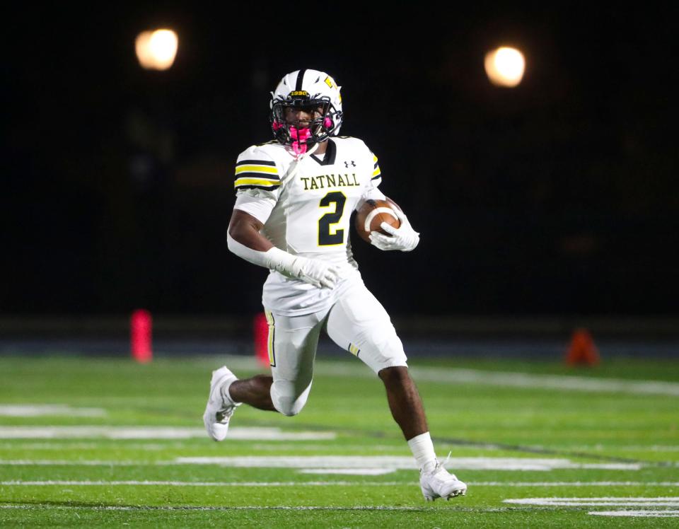 Tatnall's Rahshan LaMons heads for the end zone with a tipped-pass interception in the third quarter of Tatnall's 41-6 win against St. Elizabeth, Thursday, Oct. 26, 2023 at Abessinio Stadium.