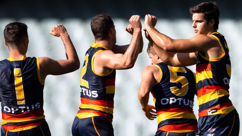 Pictured here, Adelaide Crows players celebrate during round one against the Sydney Swans.