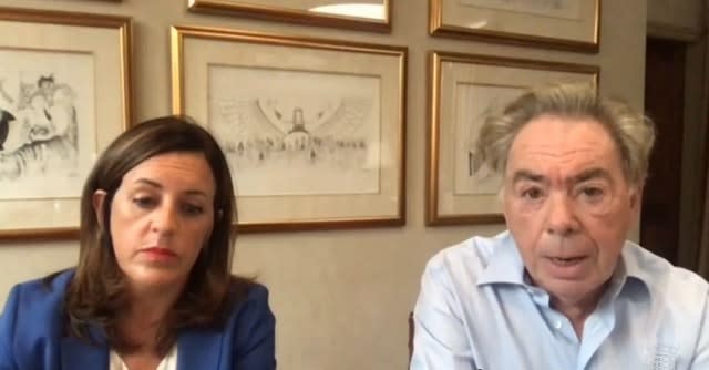 Screengrab from Parliament TV of Andrew Lloyd Webber and Rebecca Kane Burton, Chief Executive of LW Theatres, appearing by video link at the Digital, Culture, Media and Sport Committee 