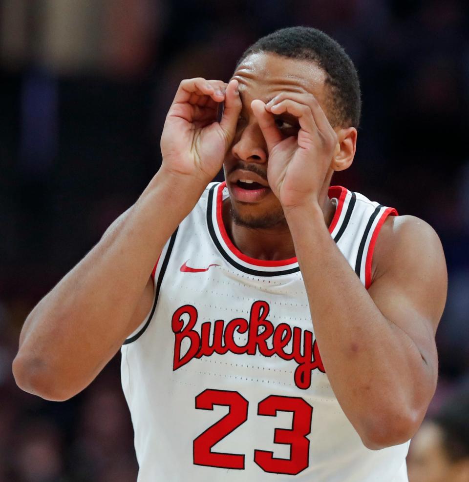 Ohio State Buckeyes forward Zed Key (23) reacts after getting an assist during the NCAA men’s basketball game against the Purdue Boilermakers, Sunday, Feb. 18, 2024, at Value City Arena in Columbus, Ohio.