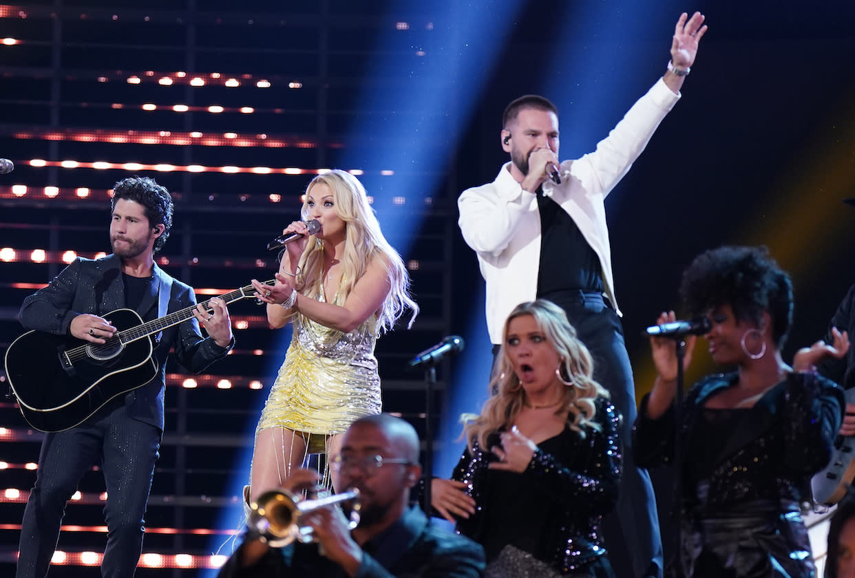 THE VOICE -- “Live Finale Part 2” Episode 2517B -- Pictured: Dan + Shay with Karen Waldrup -- (Photo by: Tyler Golden/NBC)