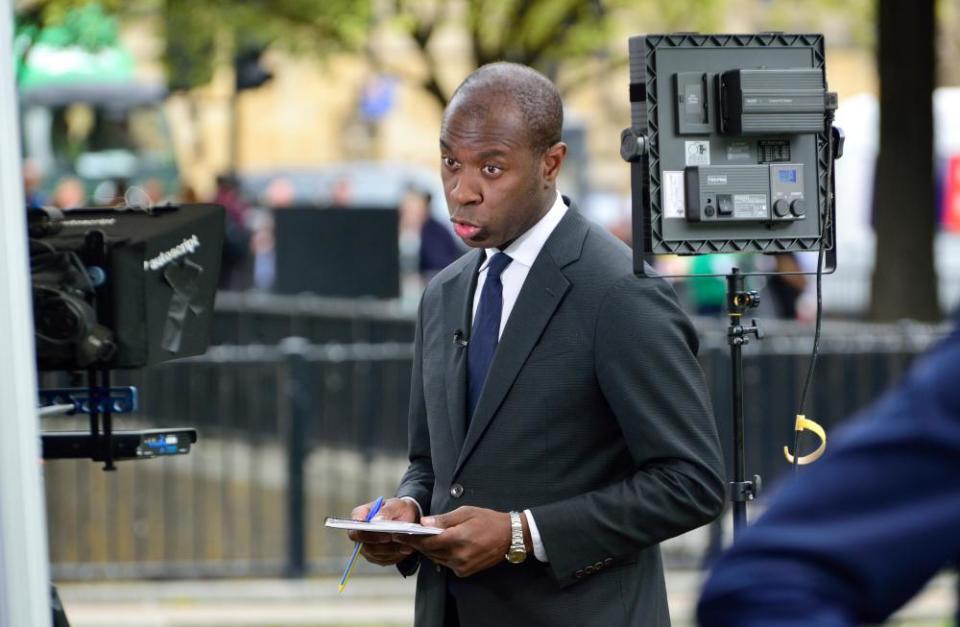 Clive Myrie reporting from College Green, Westminster, in 2016