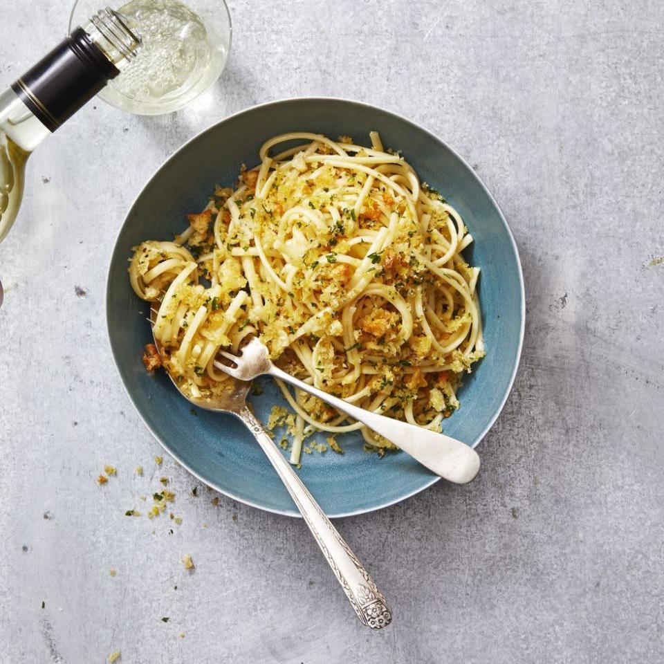 <p>Pile lemony breadcrumbs high on flavor-packed pasta for extra crunch.<br></p><p>Get the <strong><a href="https://www.goodhousekeeping.com/food-recipes/a30470268/anchovy-pasta-with-parmesan-breadcrumbs-recipe/" rel="nofollow noopener" target="_blank" data-ylk="slk:Anchovy Brown Butter Linguine With Parmesan Breadcrumbs recipe" class="link ">Anchovy Brown Butter Linguine With Parmesan Breadcrumbs recipe</a></strong>. </p>