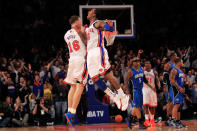 NEW YORK, NY - MARCH 28: (L) Steve Novak #16 of the New York Knicks and (R) J.R. Smith #8 of the New York Knicks chest bump after Novak hits a three pointer at the end of the first quarter against the Orlando Magic at Madison Square Garden on March 28, 2012 in New York City. NOTE TO USER: User expressly acknowledges and agrees that, by downloading and/or using this Photograph, user is consenting to the terms and conditions of the Getty Images License Agreement. (Photo by Chris Trotman/Getty Images)