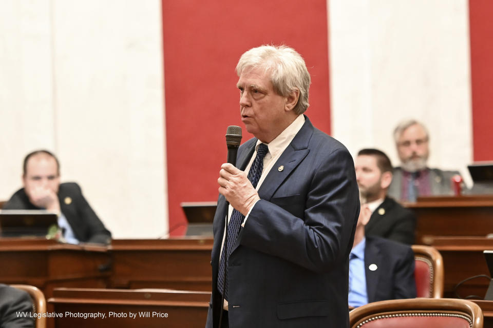 In this photo provided by West Virginia Legislative Services, state Sen. Mike Woelfel speaks, Thursday, March 9, 2023, during a Senate floor session in Charleston, W.Va. (Will Price/West Virginia Legislative Services via AP)