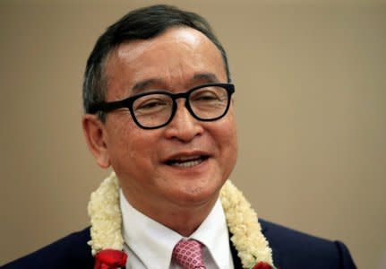 FILE PHOTO: Cambodian opposition leader Sam Rainsy answers questions during an interview with Reuters at a hotel in metro Manila, Philippines June 29, 2016. REUTERS/Romeo Ranoco/File Photo