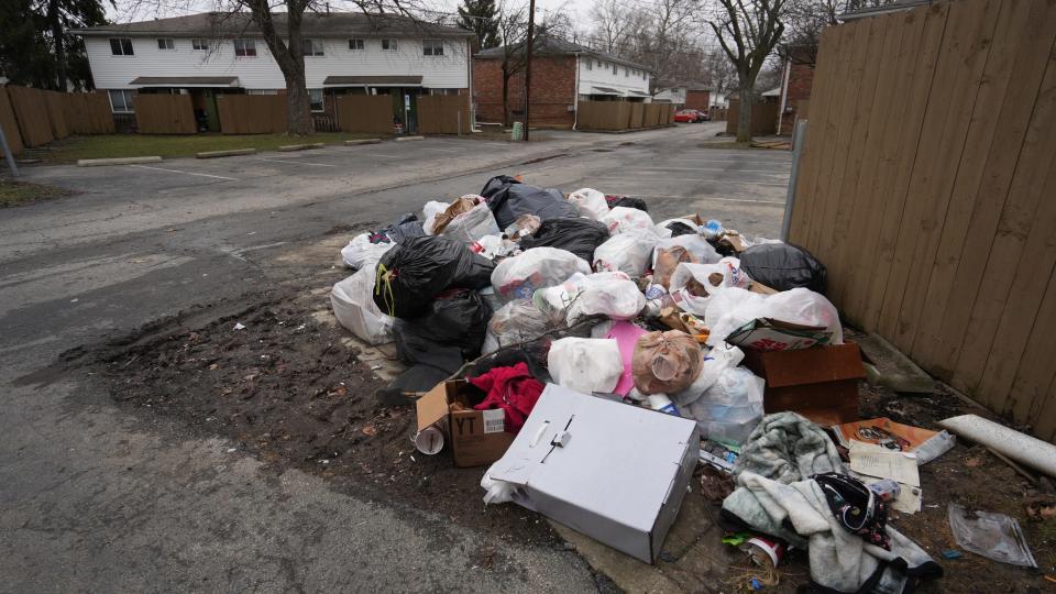 Garbage fills an alley in January at the Galloway Village apartments at 99 N. Murray Hill Road, just north of West Broad Street, in Prairie Township in western Franklin County. The buildings show evidence of squatters, drug use and vandalism. Township authorities have been trying to get the New York-based company that owns the complex near OhioHealth Doctors Hospital to clean the place up and made repairs, but brought in the Franklin County Sheriff's Office to clear the remaining families and squatters due to health and safety concerns.