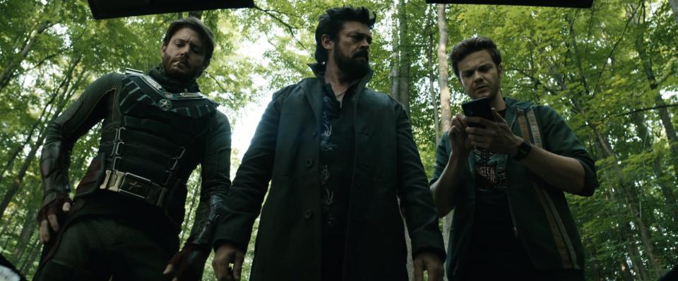 Soldier Boy, Butcher, and Hughie looking into a trunk in season three, episode seven of "The Boys."