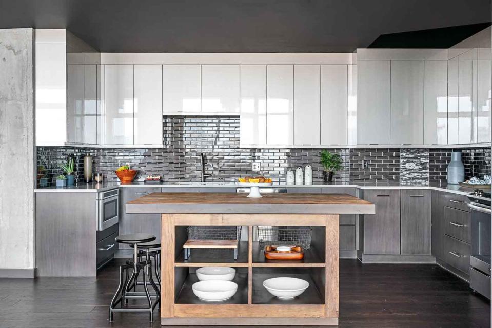 Gray Modern Kitchen with Shiny White Cabinets