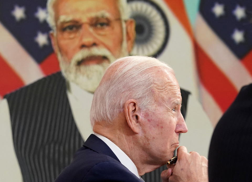 U.S. President Joe Biden holds a virtual meeting with Indian Prime Minister Narendra Modi to discuss Russia's war with Ukraine from the White House in Washington U.S., April 11, 2022. REUTERS/Kevin Lamarque