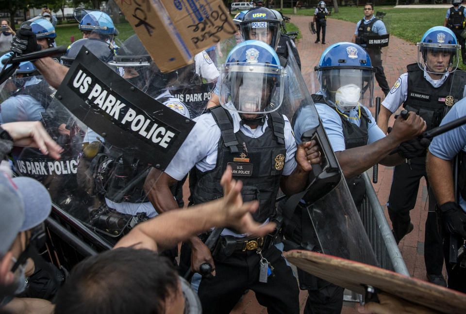 Protestors clash with U.S. Park Police after protestors attempted to pull down the statue of Andrew Jackson in Lafayette Square near the White House on June 22, 2020 in Washington, DC. (Tasos Katopodis /Getty Images)