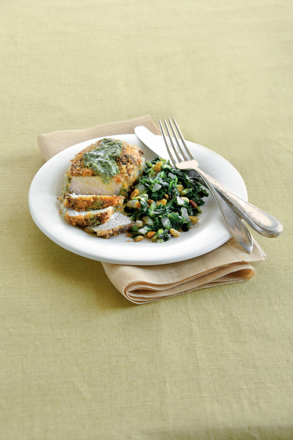Pesto-Crusted Pork Chops with Sweet-and-Sour Collards