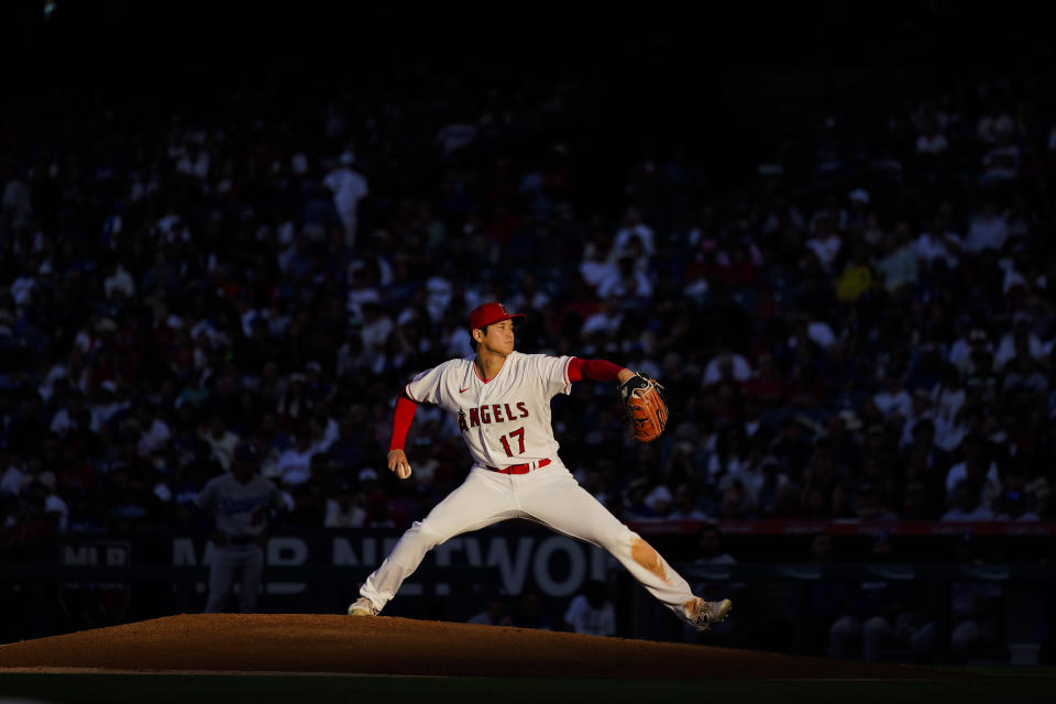 Los Angeles Angels starting pitcher Shohei Ohtani (17) throws during the third inning of a baseball game against the Los Angeles Dodgers in Anaheim, Calif., Wednesday, June 21, 2023. (AP Photo/Ashley Landis)