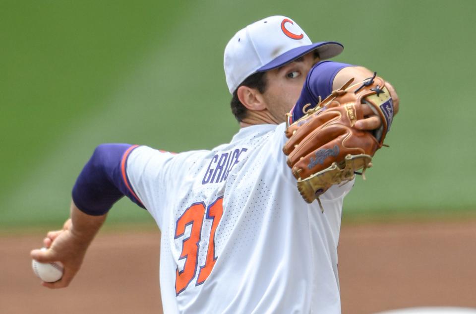 Clemson junior Caden Grice (31) pitches to University of North Carolina during the top of the first inning at Doug Kingsmore Stadium in Clemson Saturday, May 20, 2023.